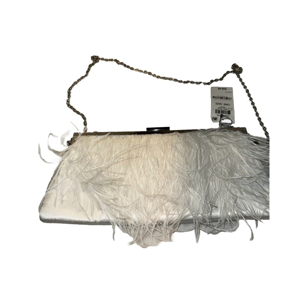 Carolyn White Satin Feather Trim Evening Clutch Bag Silver Chain NWT 10010188100